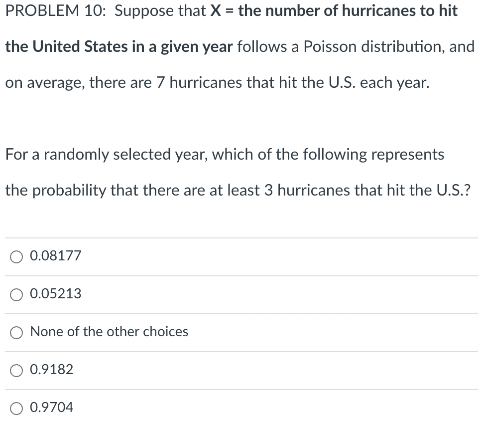 Solved PROBLEM 10: Suppose that X = the number of hurricanes | Chegg.com