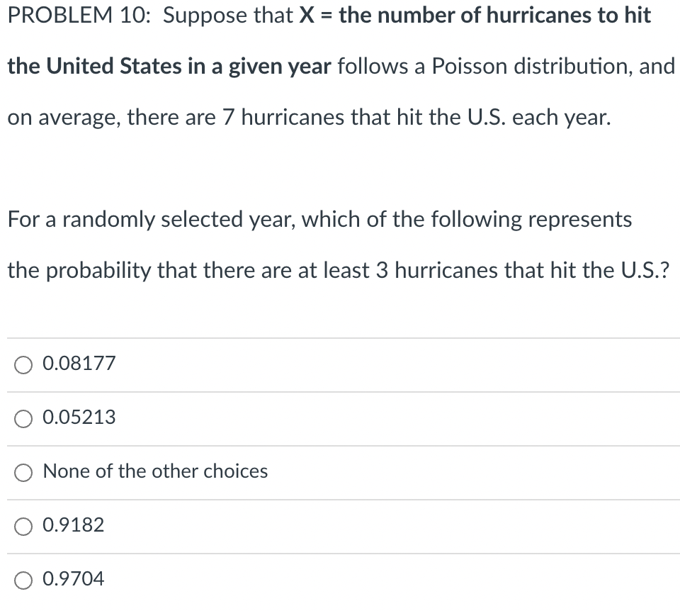 Solved PROBLEM 10: Suppose That X = The Number Of Hurricanes | Chegg.com