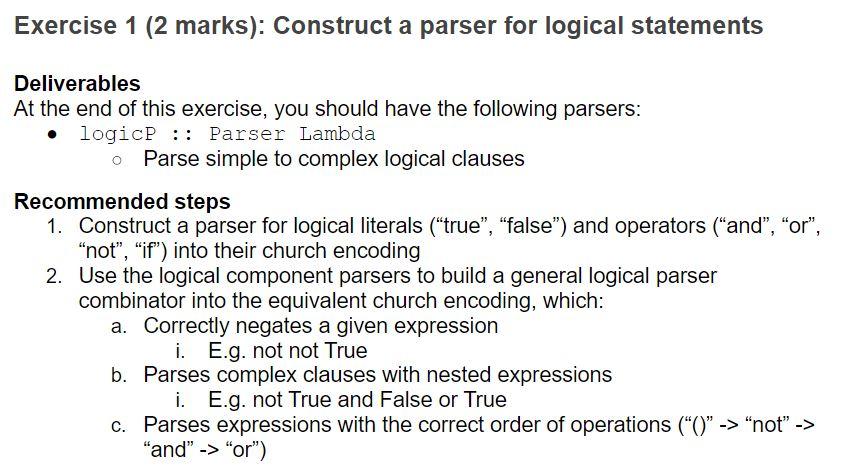 Exercise 1 (2 marks): Construct a parser for logical | Chegg.com