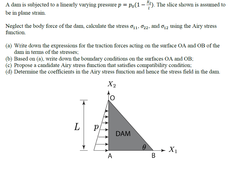 Solved A dam is subjected to a linearly varying pressure p = | Chegg ...