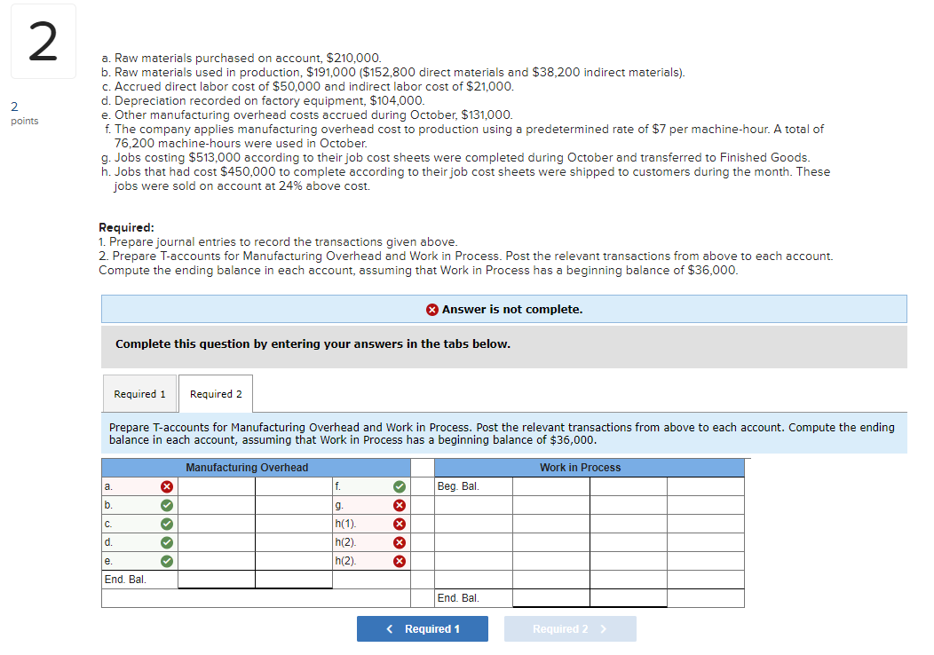 Solved 2 2 points a. Raw materials purchased on account,
