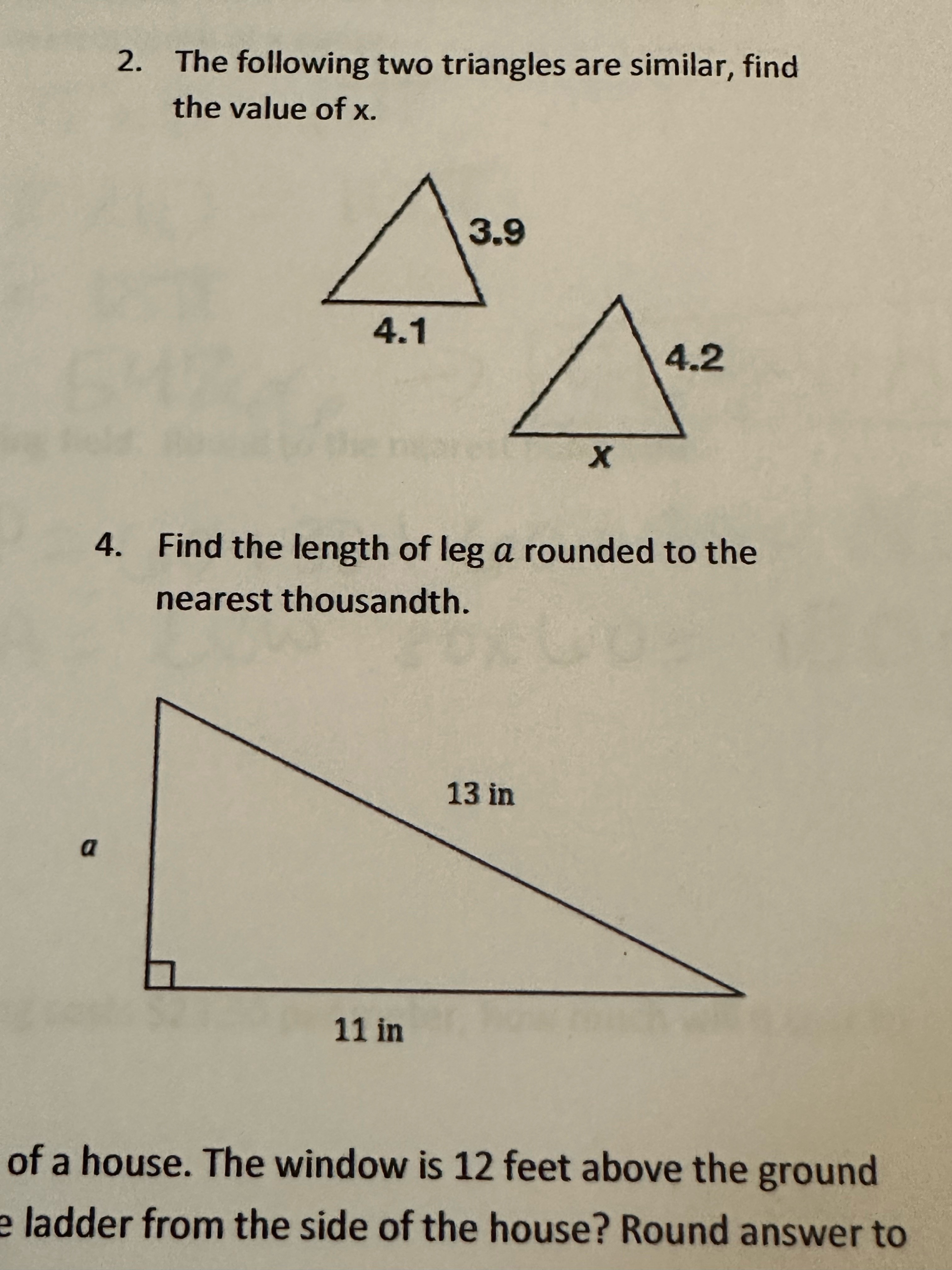 Solved 2. The following two triangles are similar, find the | Chegg.com