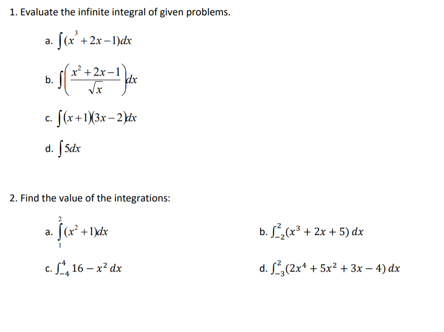 Solved 1. Evaluate the infinite integral of given problems. | Chegg.com