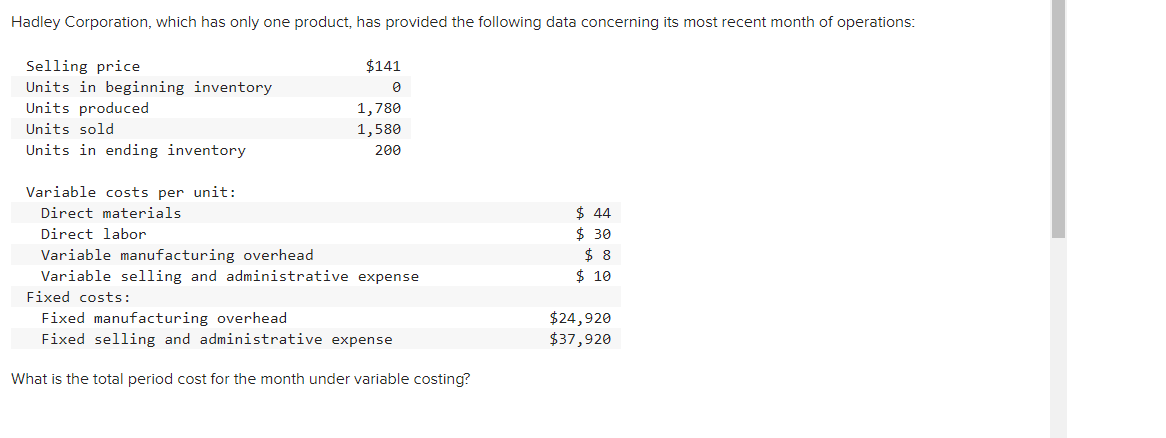 Solved Hadley Corporation, which has only one product, has | Chegg.com