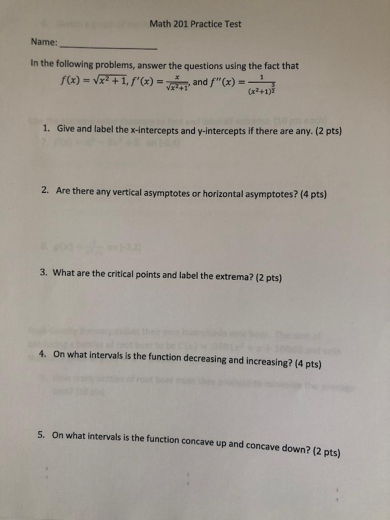 Solved Math 201 Practice Test Name: In the following | Chegg.com