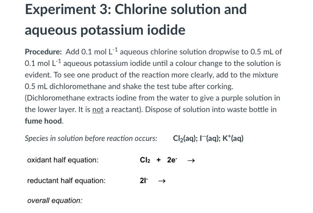 Solved 3.3 Experiment 2 Aqueous chlorine and aqueous