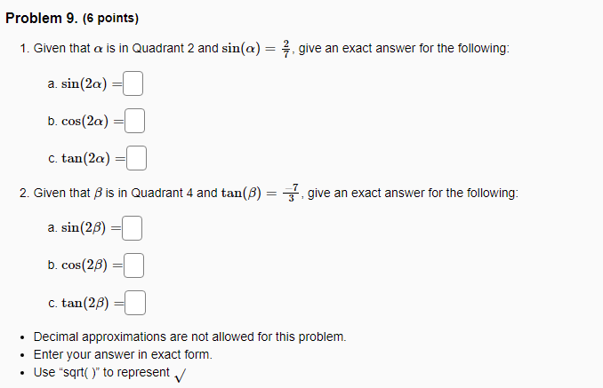Solved Problem 9. (6 points) 1. Given that a is in Quadrant | Chegg.com