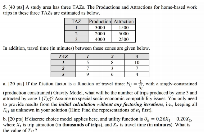 Solved 2 5. [40 pts] A study area has three TAZS. The | Chegg.com