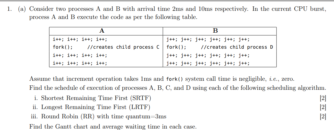 Solved (a) Consider two processes A and B with arrival time | Chegg.com