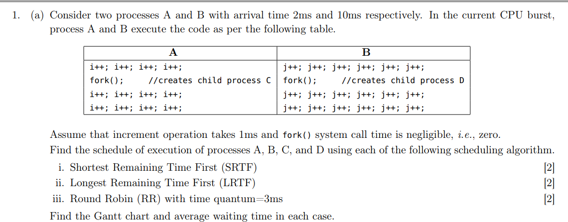 Solved (a) Consider Two Processes A And B With Arrival Time | Chegg.com