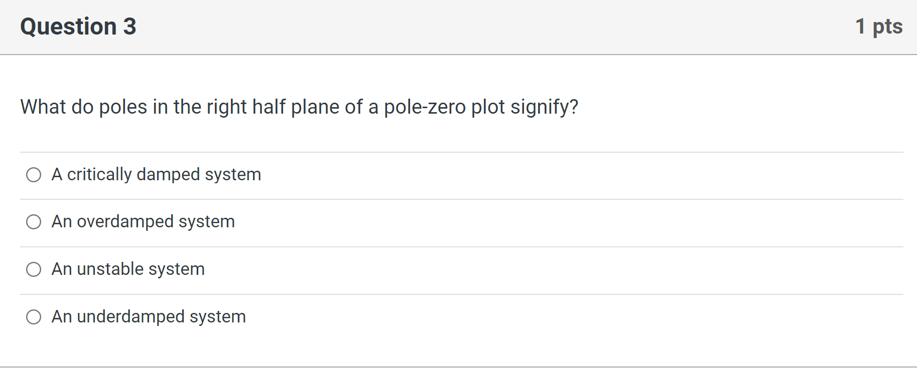 Solved Question 3 1 pts What do poles in the right half | Chegg.com