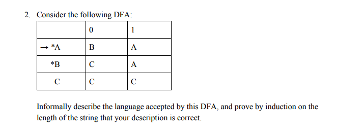 Solved 2. Consider The Following DFA: 0 1 *A B A *B с A с с | Chegg.com