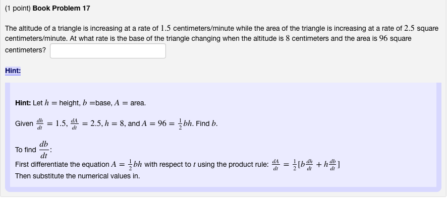 solved-the-altitude-of-a-triangle-is-increasing-at-a-rate-of-chegg