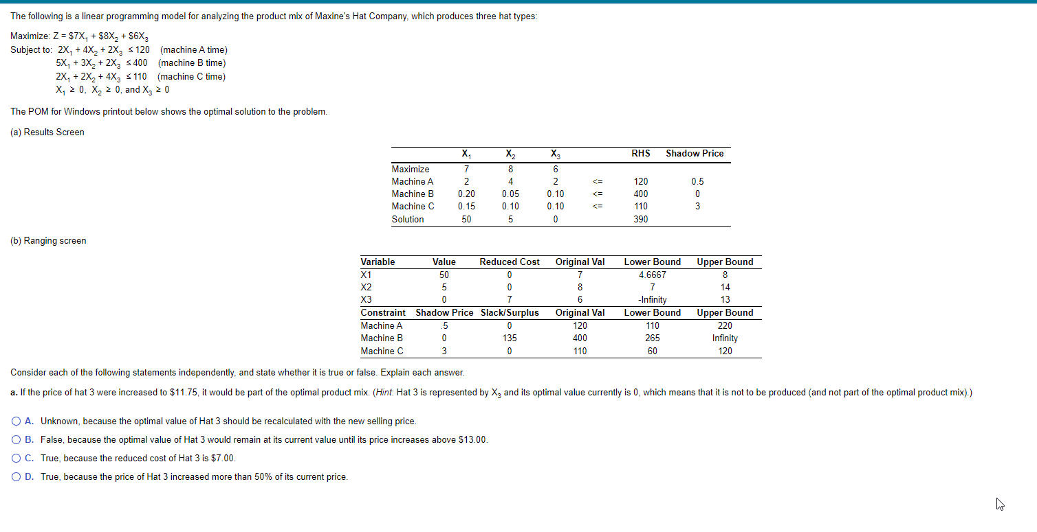 Solved The following is a linear programming model for | Chegg.com