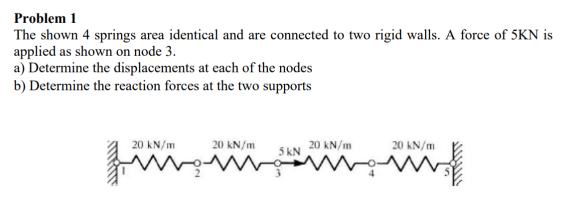 Problem 1
The shown 4 springs area identical and are connected to two rigid walls. A force of \( 5 \mathrm{KN} \) is applied