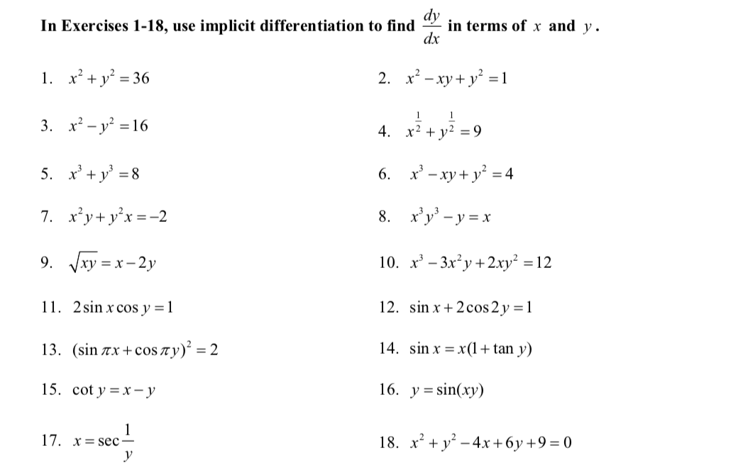 In Exercises 1 18 Use Implicit Differentiation To Chegg Com