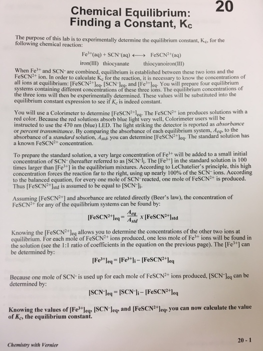 Solved 20 Chemical Equilibrium Finding a Constant, Kc The