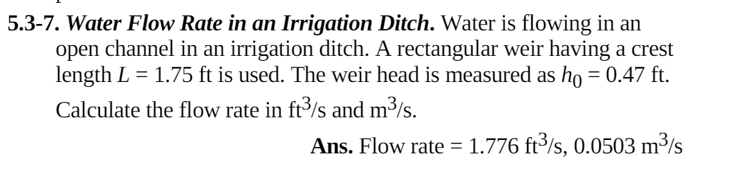 Solved 5.3-7. Water Flow Rate in an Irrigation Ditch. Water | Chegg.com
