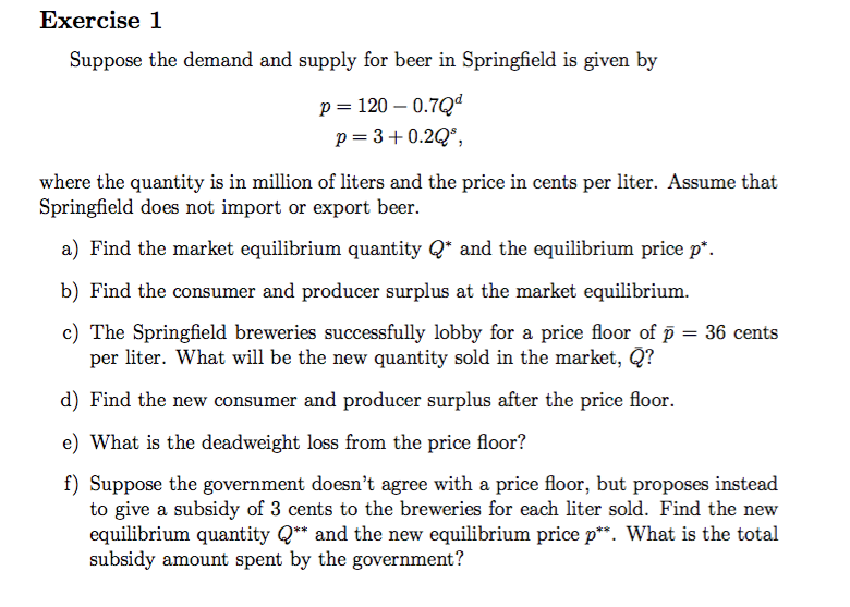 Exercise 1 Suppose The Demand And Supply For Beer Chegg Com