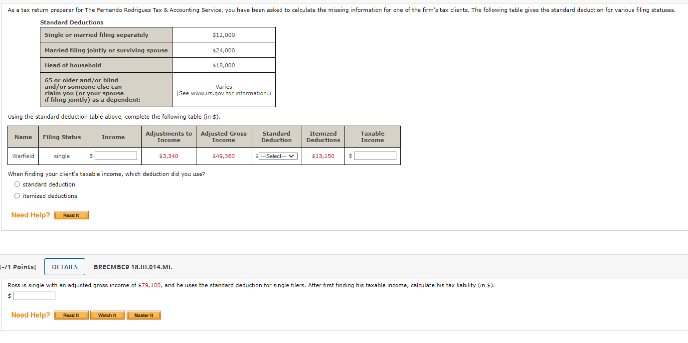 Solved Using the standard deduction table above, complete