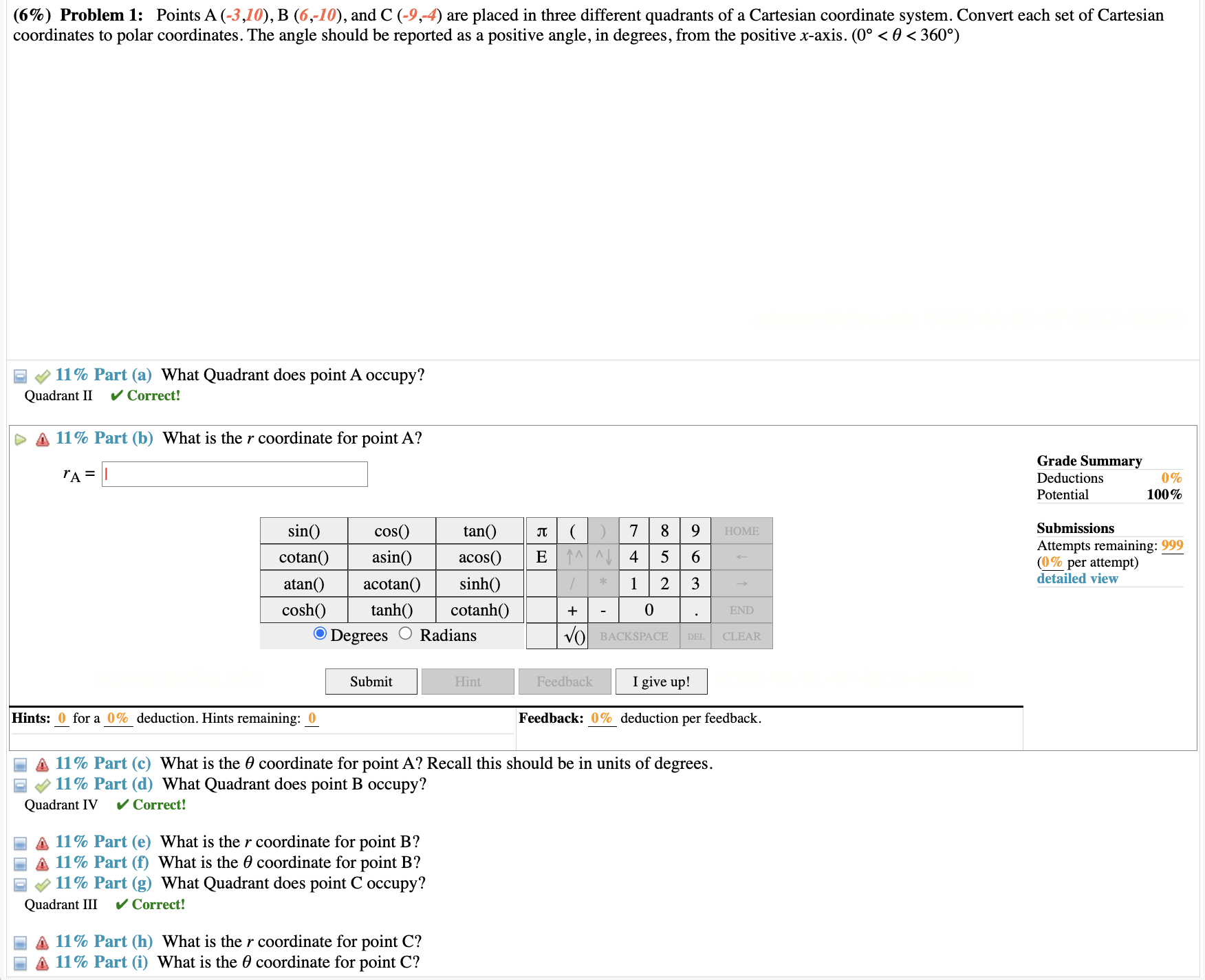 Solved (6\%) Problem 1: Points A (−3,10),B(6,−10), and C | Chegg.com