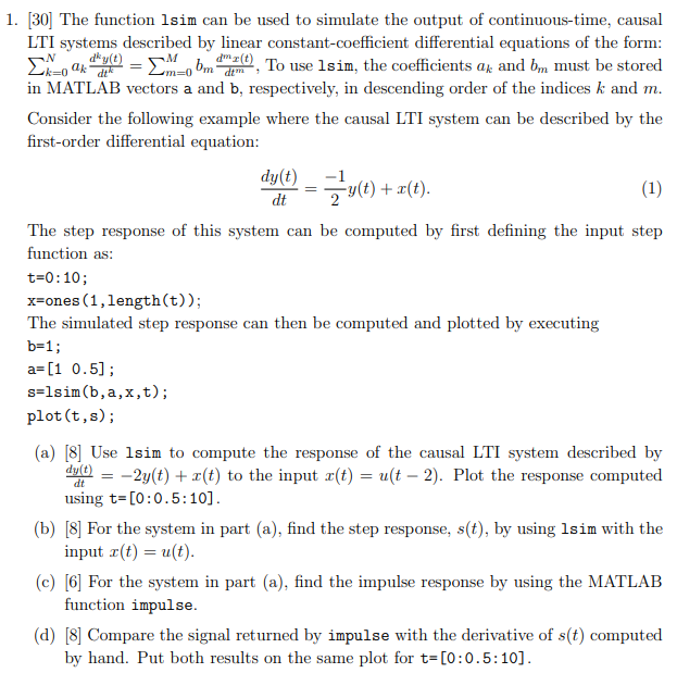 Solved 1. [30] The function lsim can be used to simulate the | Chegg.com