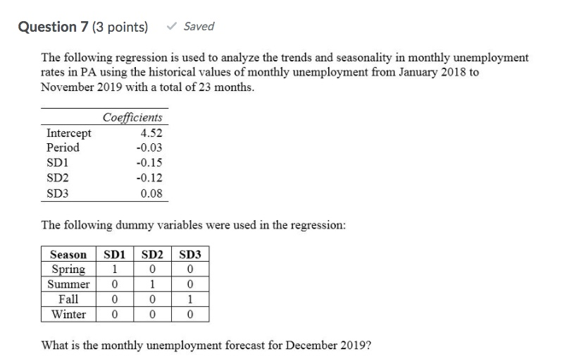 Solved Question 7 (3 points) Saved The following regression | Chegg.com