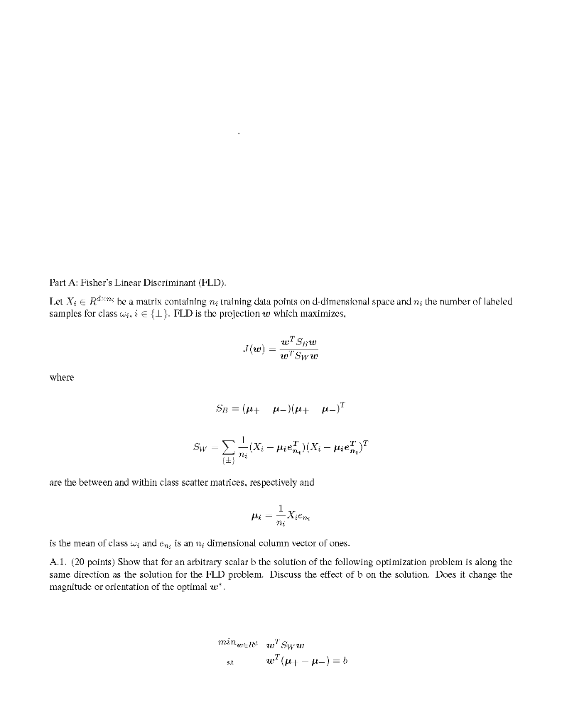 Part A Fisher's Linear Discriminant (FLD). Let X: € | Chegg.com