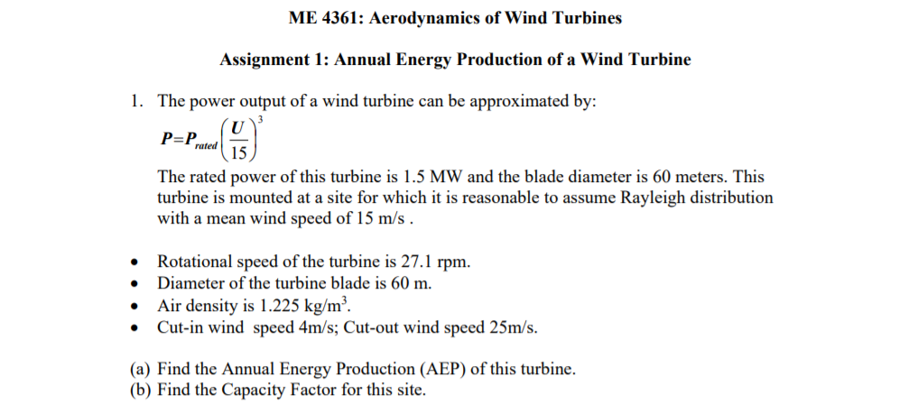 Solved ME 4361: Aerodynamics of Wind Turbines Assignment 1: | Chegg.com