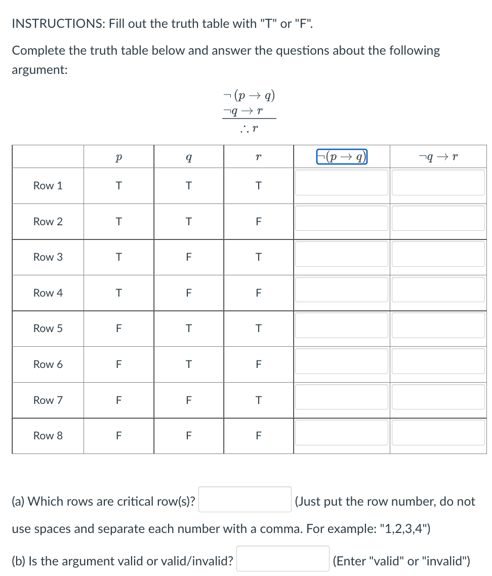 INSTRUCTIONS: Fill out the truth table with "T" or | Chegg.com