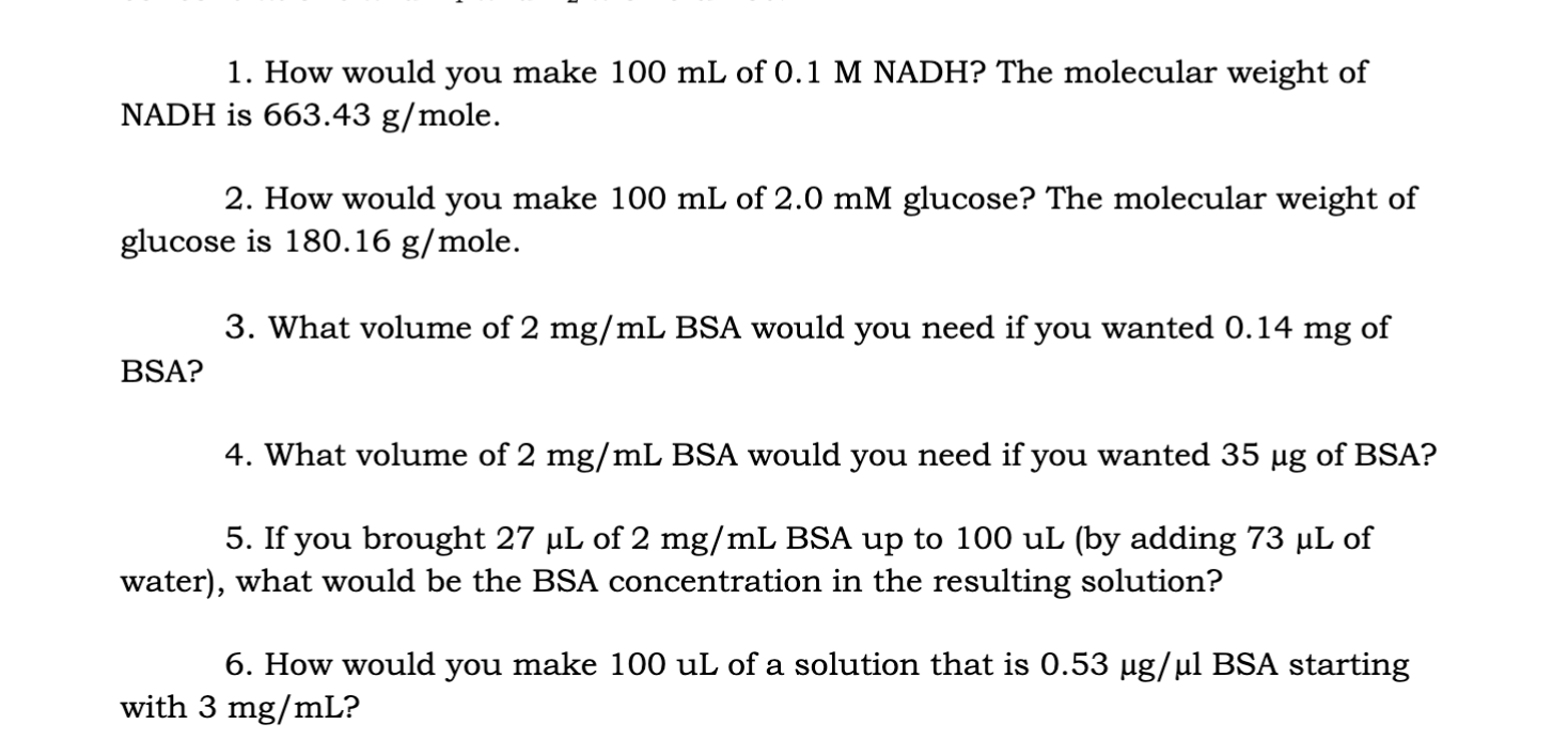 Solved 1. How would you make 100 mL of 0.1M NADH? The | Chegg.com