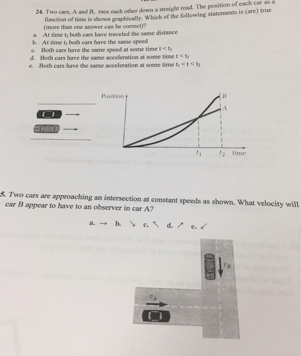 Solved 24. Two Cars, A And B, Race Each Other Down A | Chegg.com