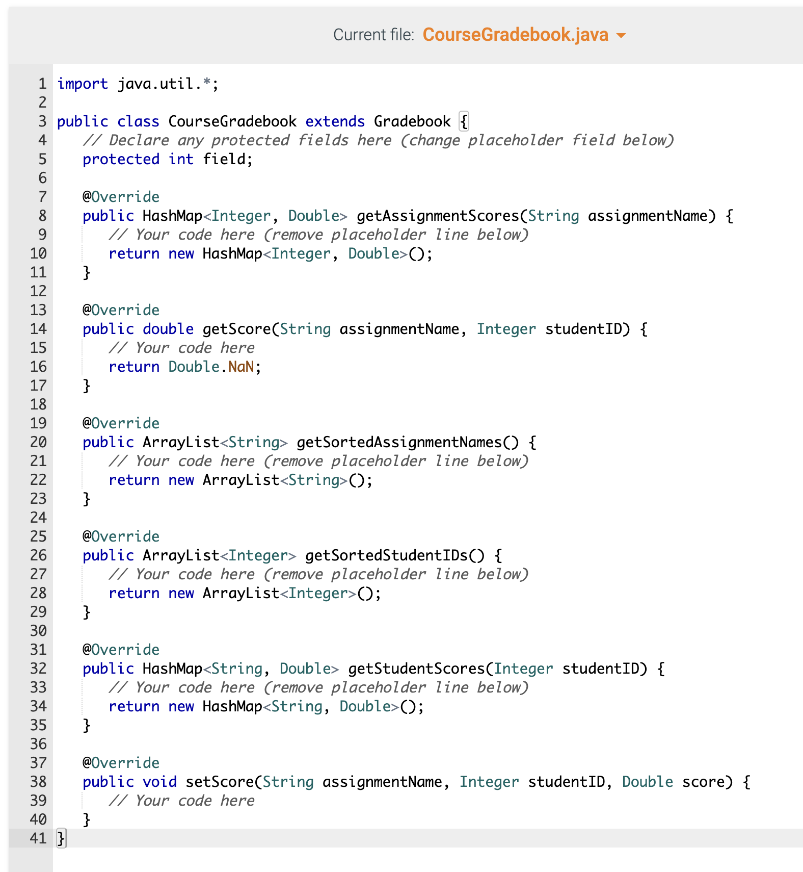 Current file: CourseGradebook.java ?