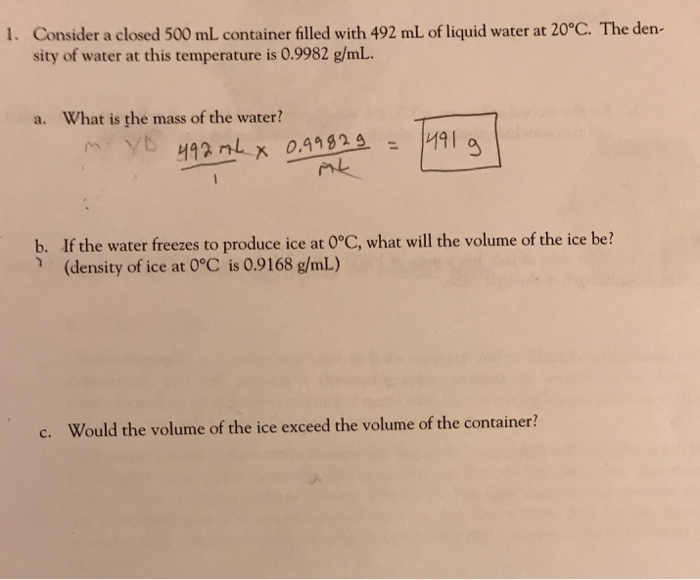 Solved 1. Consider a closed 500 mL container filled with 492
