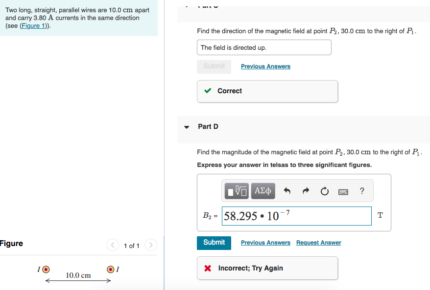 Solved Two long, straight, parallel wires are 10.0 cm apart