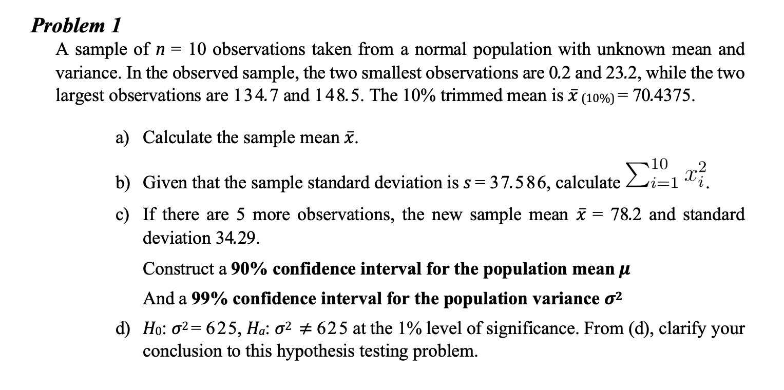 Solved Problem 1 A sample of n = 10 observations taken from | Chegg.com