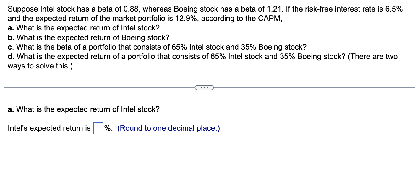 Solved Suppose Intel stock has a beta of 0.88, whereas