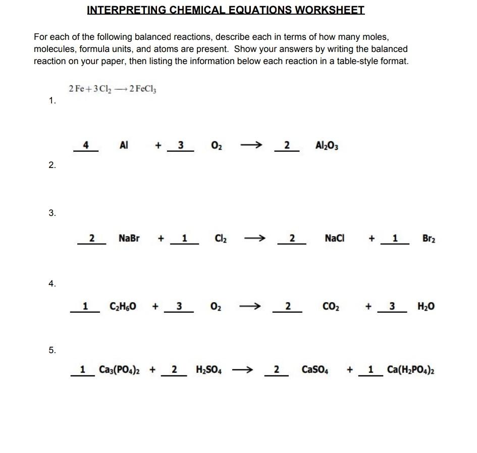 Solved INTERPRETING CHEMICAL EQUATIONS WORKSHEET For each of With Regard To Balancing Equations Worksheet Answers