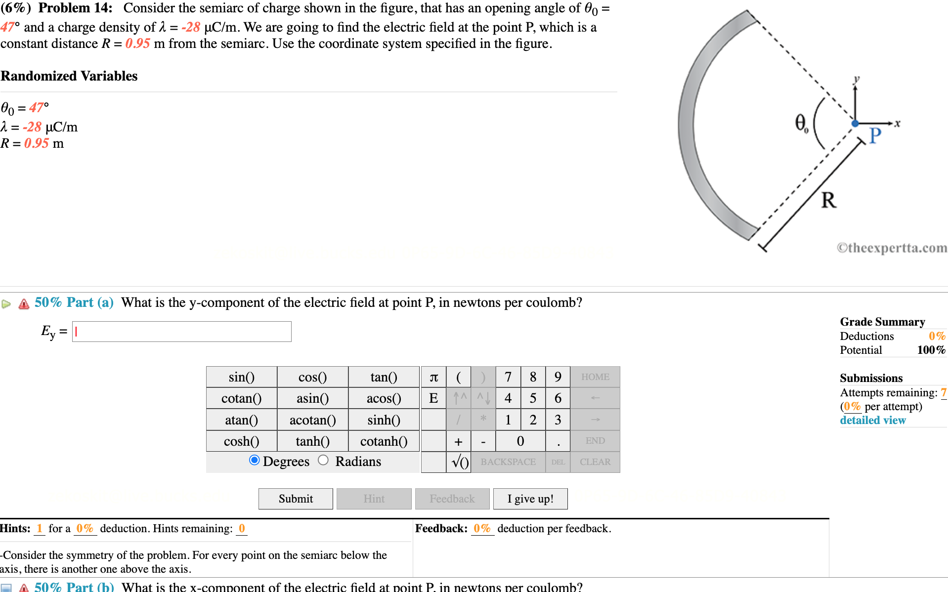Solved Consider the semiarc of charge shown in the figure, | Chegg.com
