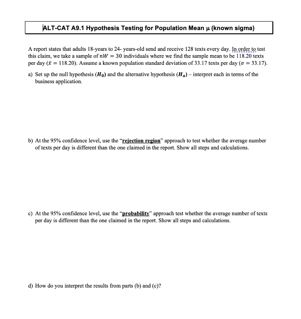 Solved ALT-CAT A9.1 Hypothesis Testing for Population Mean μ | Chegg.com