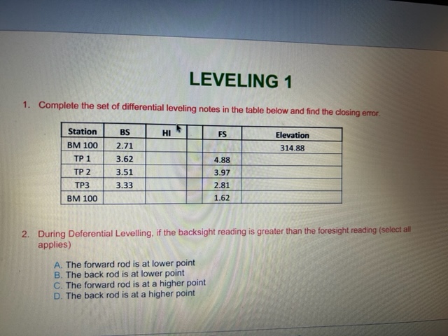 Solved 1. Complete the set of differential leveling notes in | Chegg.com