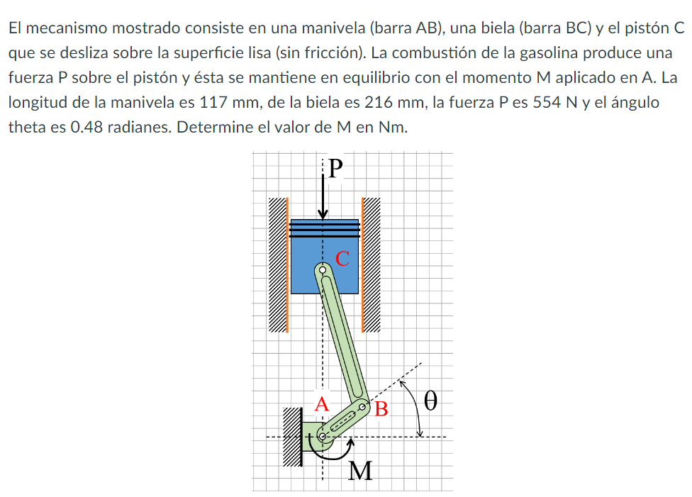 El mecanismo mostrado consiste en una manivela (barra \( A B \) ), una biela (barra \( B C \) ) y el pistón \( C \) que se de