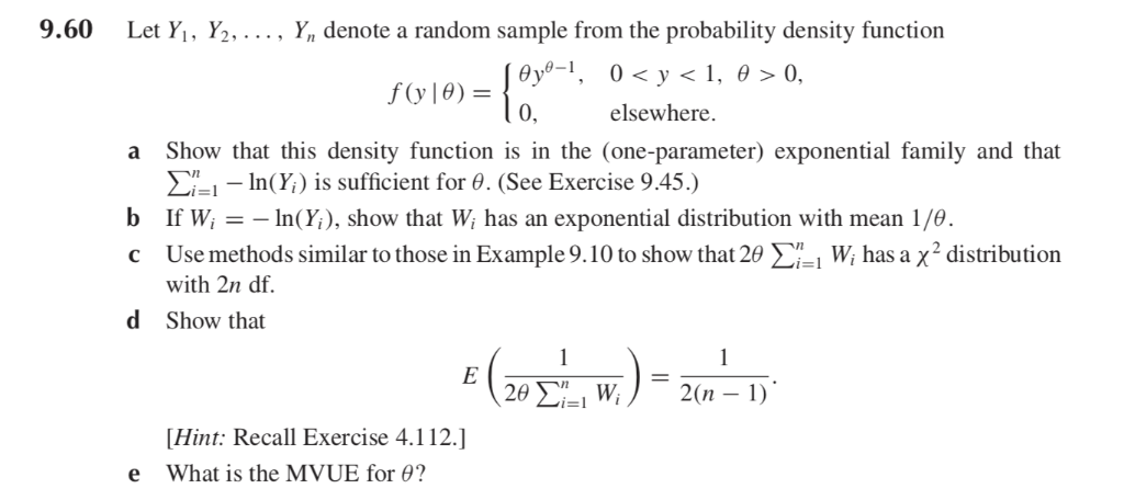 Solved 9.60 Let Yi. Y2.... Y denote a random sample from the | Chegg.com