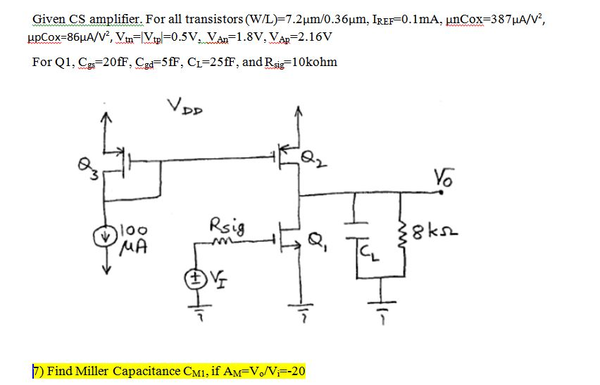 Solved Given CS amplifier. For all transistors (W/L=7.2 | Chegg.com