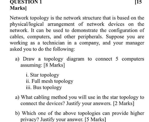 Solved QUESTION 1 Marks) Network topology is the network | Chegg.com