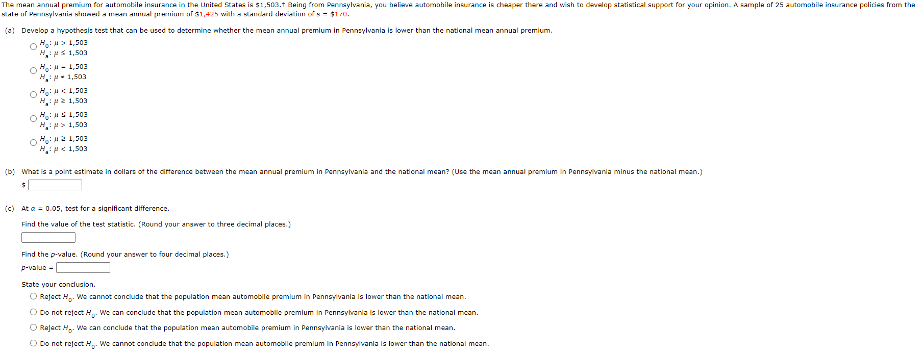 Solved state of Pennsylvania showed a mean annual premium of | Chegg.com