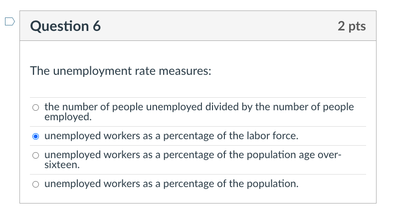 Solved Question 6 2 pts The unemployment rate measures: o | Chegg.com