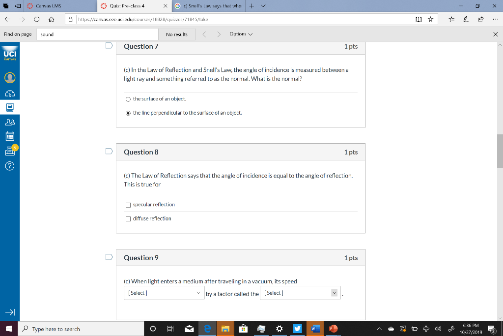Solved 3 Canvas LMS Quiz Preclass 4 X G Snell's law says