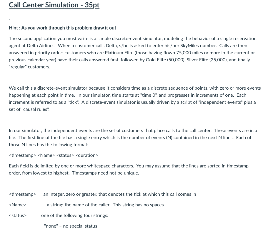 Call Center Simulation - 35pt Hint : As you work | Chegg.com
