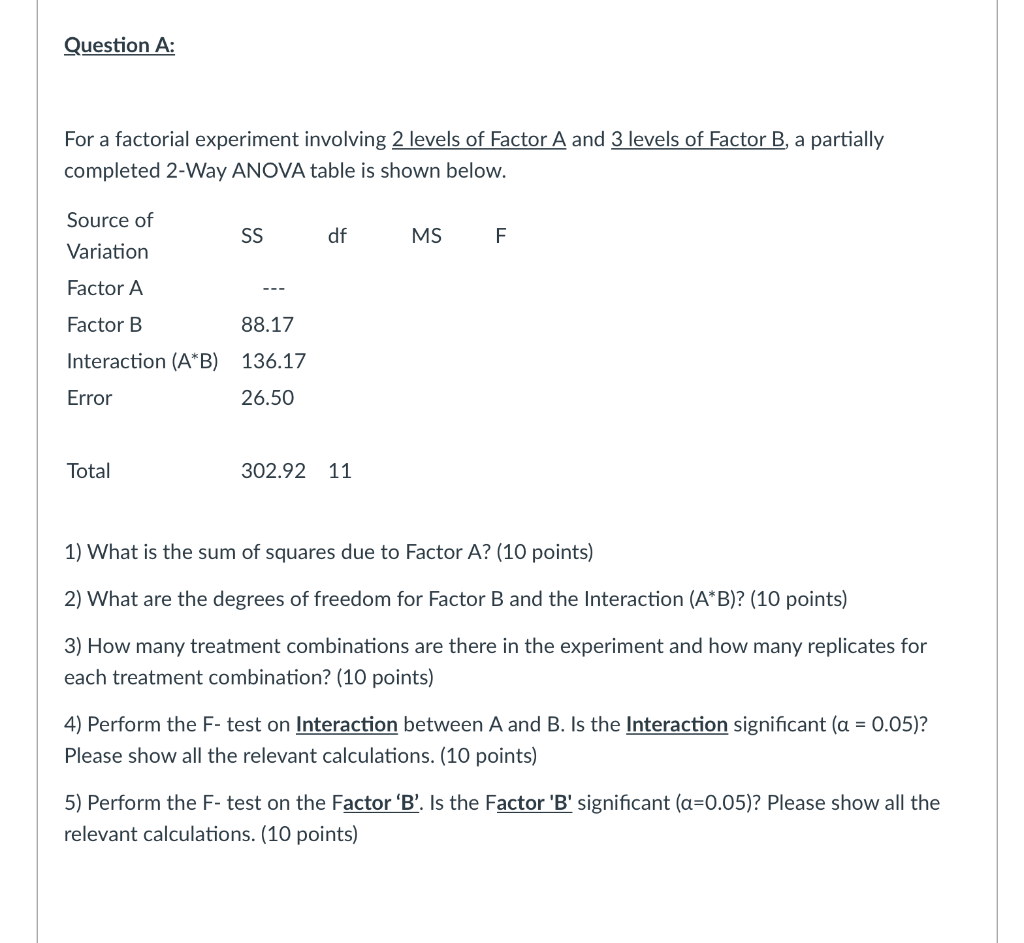 Solved Question A: For a factorial experiment involving 2 | Chegg.com